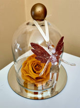 Load image into Gallery viewer, Glass Dome Fairy with Marigold Forever Rose
